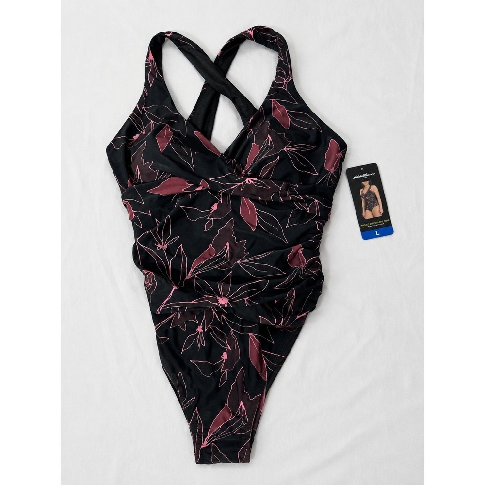 Eddie Bauer Ruched Shaping One Piece Swimsuit Floral Black Pink UV Protection L - Picture 2 of 3